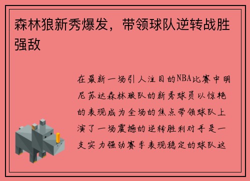 森林狼新秀爆发，带领球队逆转战胜强敌