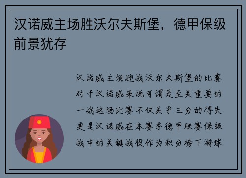 汉诺威主场胜沃尔夫斯堡，德甲保级前景犹存